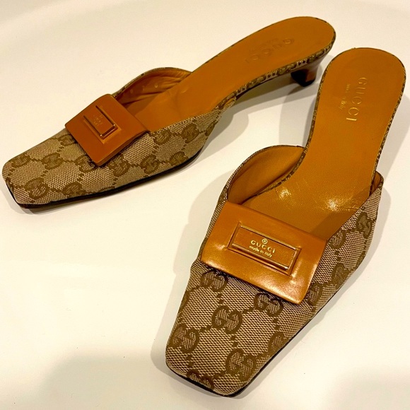 Vintage Gucci GG Monogram Slip-On Kitten Heel Mules - Picture 1 of 14